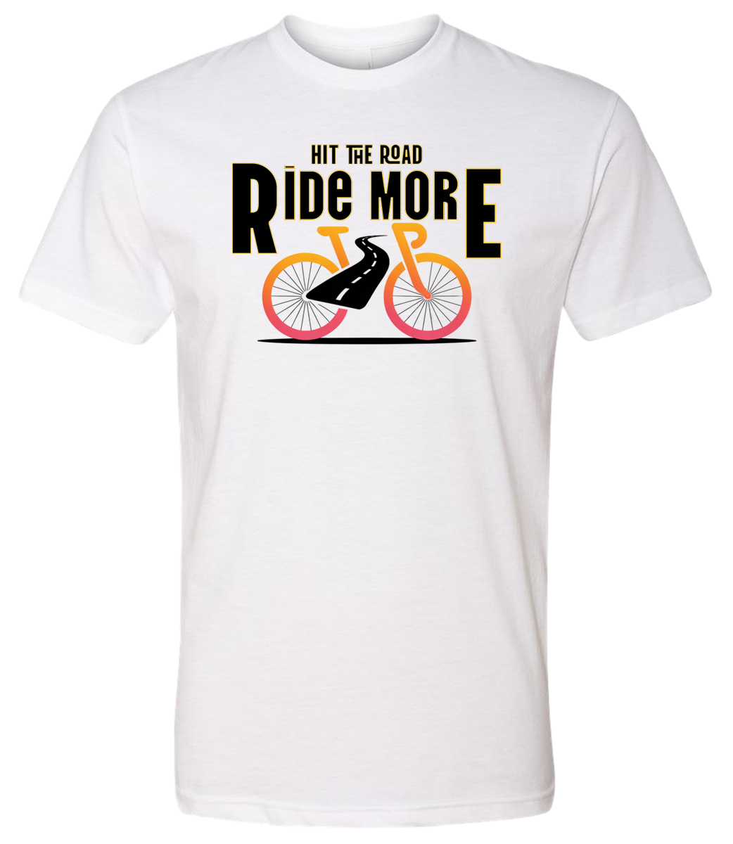 Hit The Road, Ride More letters front and center with a bright bicycle in front of the shirt