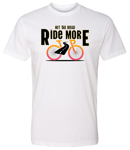 Hit The Road, Ride More letters front and center with a bright bicycle in front of the shirt