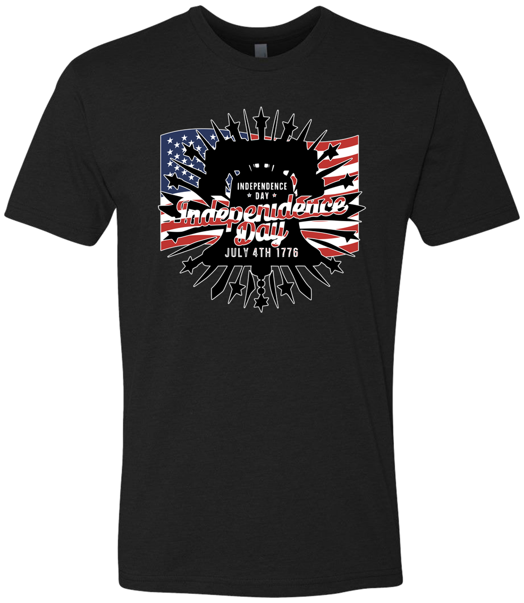 Black t-shirt with 'Independence Day' design featuring American flag on a white background