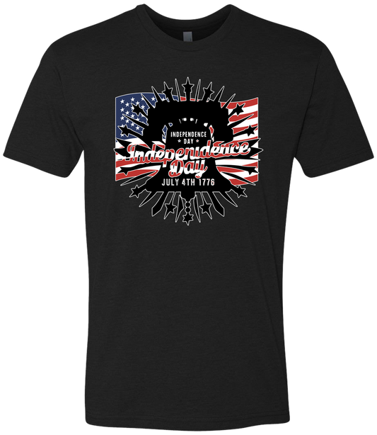 Black t-shirt with 'Independence Day' design featuring American flag on a white background