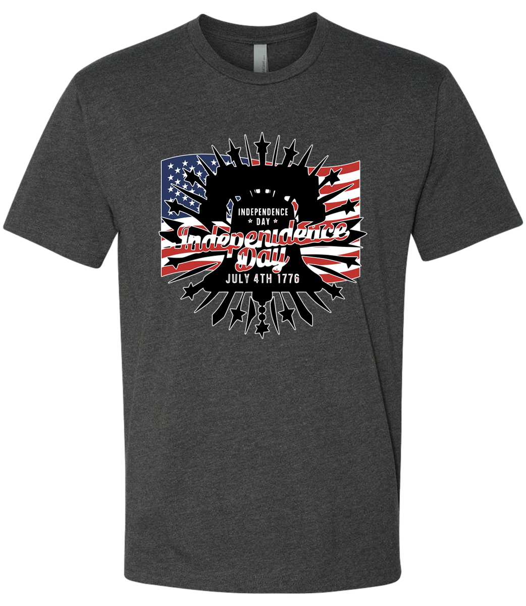 Dark gray t-shirt with 'Independence Day' graphic design featuring American flag and text on a white background.