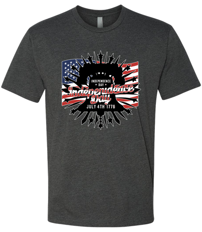 Dark gray t-shirt with 'Independence Day' graphic design featuring American flag and text on a white background.