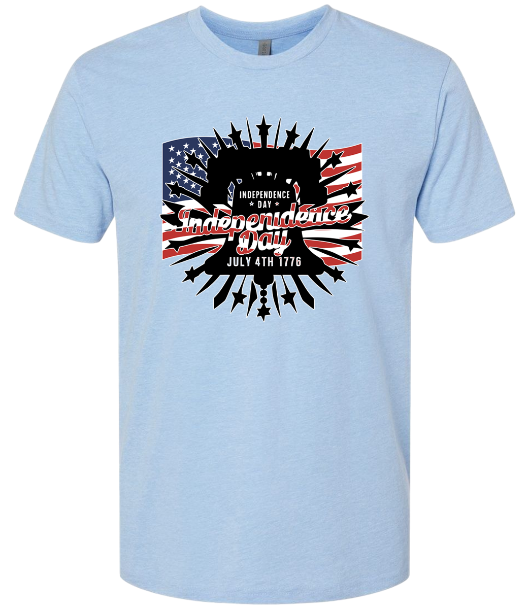 Light blue t-shirt with American flag and Independence Day design on a white background