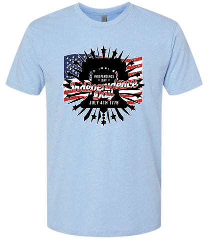 Light blue t-shirt with American flag and Independence Day design on a white background