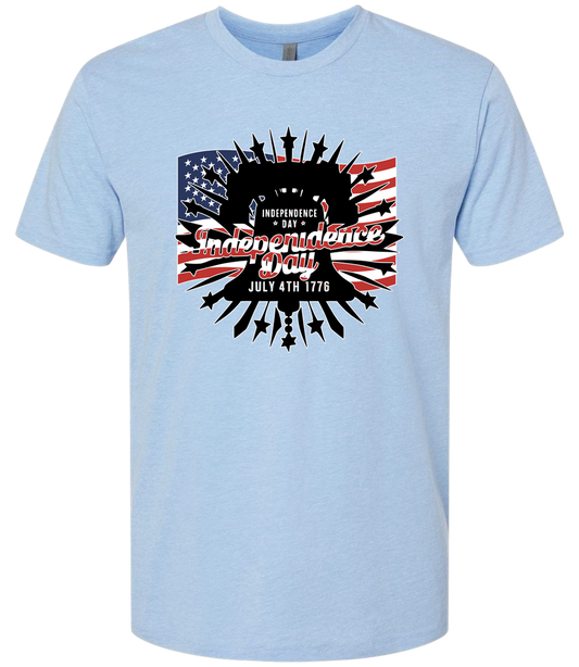 Light blue t-shirt with American flag and Independence Day design on a white background