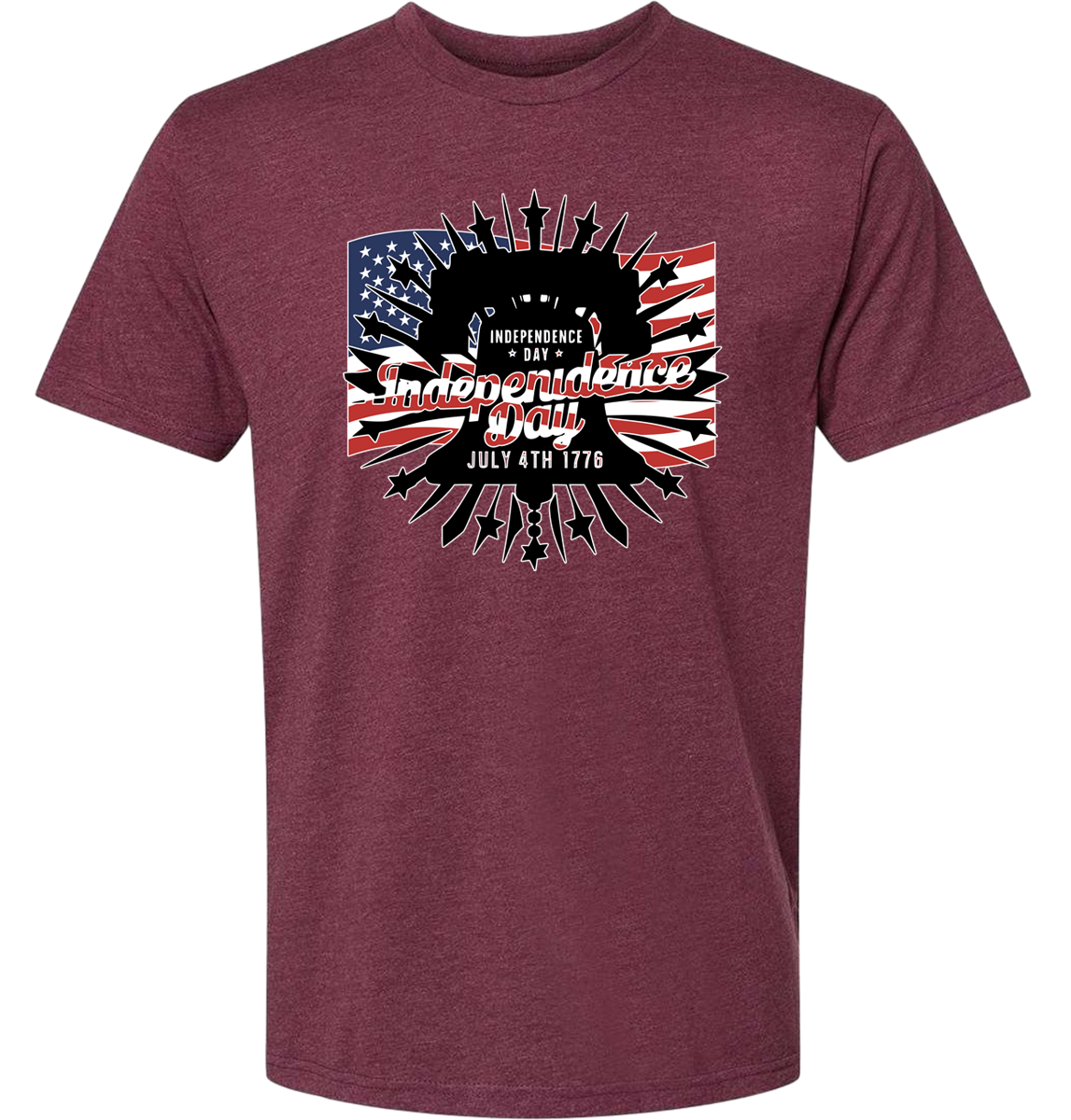 Maroon t-shirt with American flag and 'Independence Day' design on a white background
