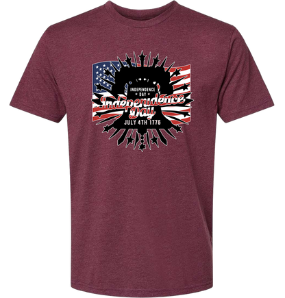 Maroon t-shirt with American flag and 'Independence Day' design on a white background