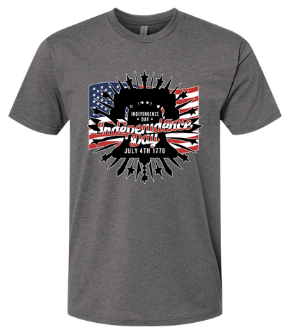 Gray t-shirt with 'Independence Day' graphic design featuring American flag and silhouette of a bear.