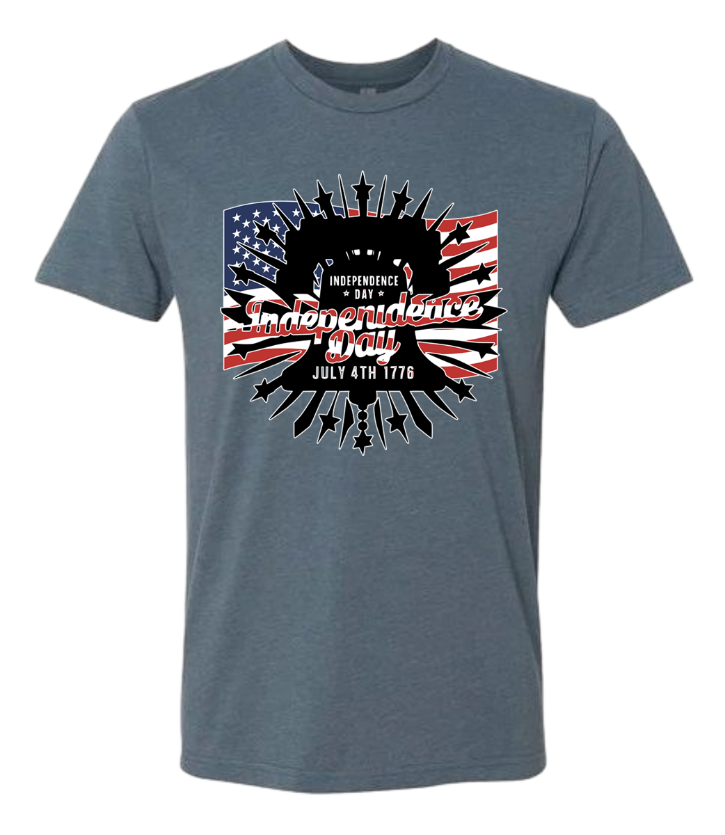 Blue t-shirt with 'Independence Day' design featuring an American flag on a white background