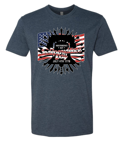 Navy blue t-shirt with 'Independence Day' graphic design featuring an American flag on a white background.