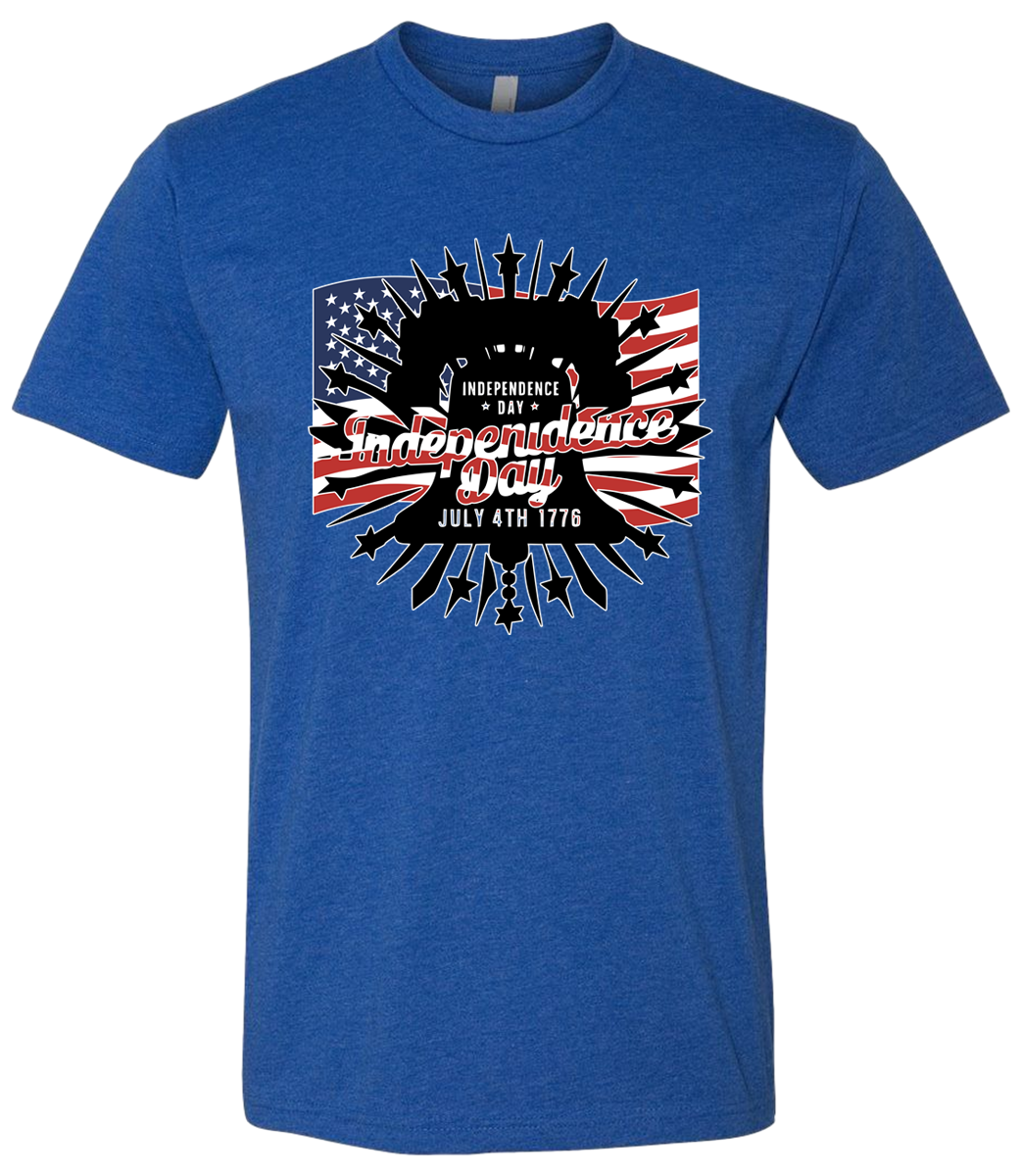 Blue t-shirt with 'Independence Day' graphic design on a white background