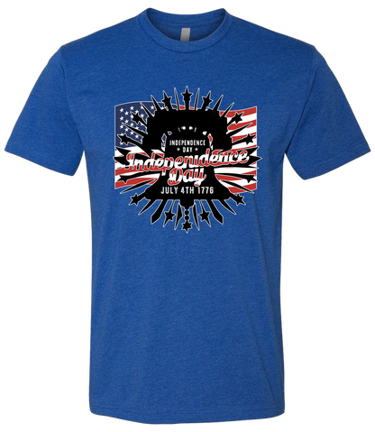 Blue t-shirt with 'Independence Day' graphic design on a white background