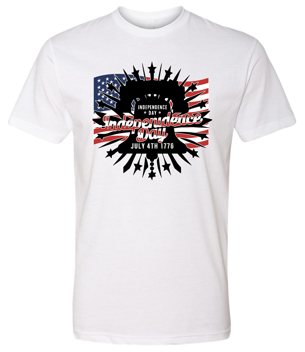 White t-shirt with 'Independence Day' graphic design featuring American flag and text.