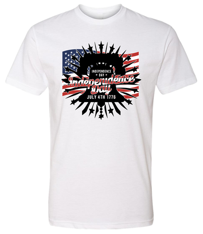 White t-shirt with 'Independence Day' graphic design featuring American flag and text.