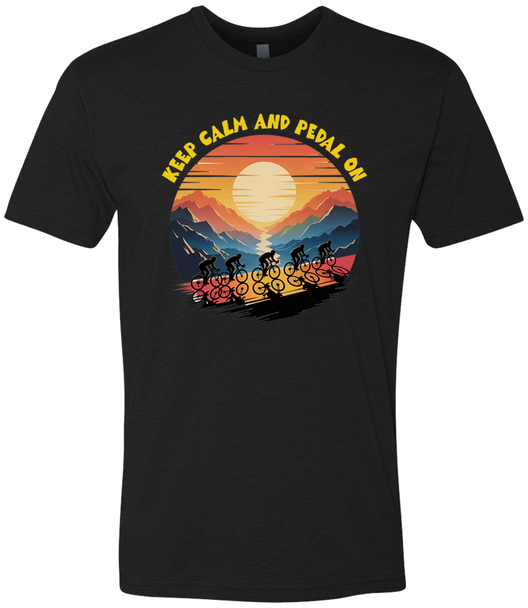 Retro sunset with a group of cyclists riding uphill, the words Keep Calm and pedal on on top of the design