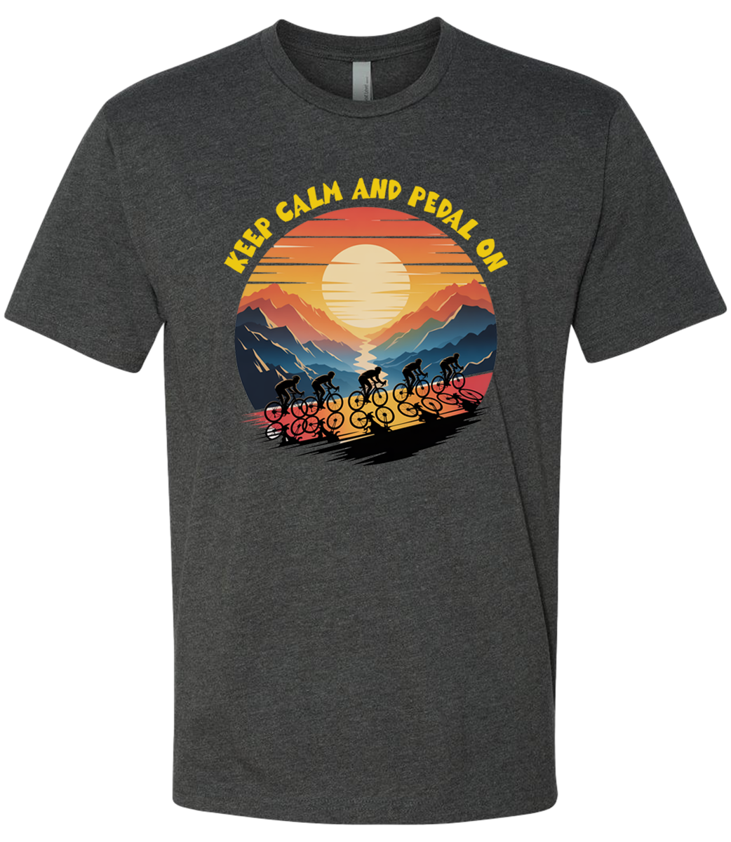 Retro sunset with a group of cyclists riding uphill, the words Keep Calm and pedal on on top of the design