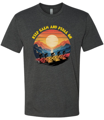 Retro sunset with a group of cyclists riding uphill, the words Keep Calm and pedal on on top of the design