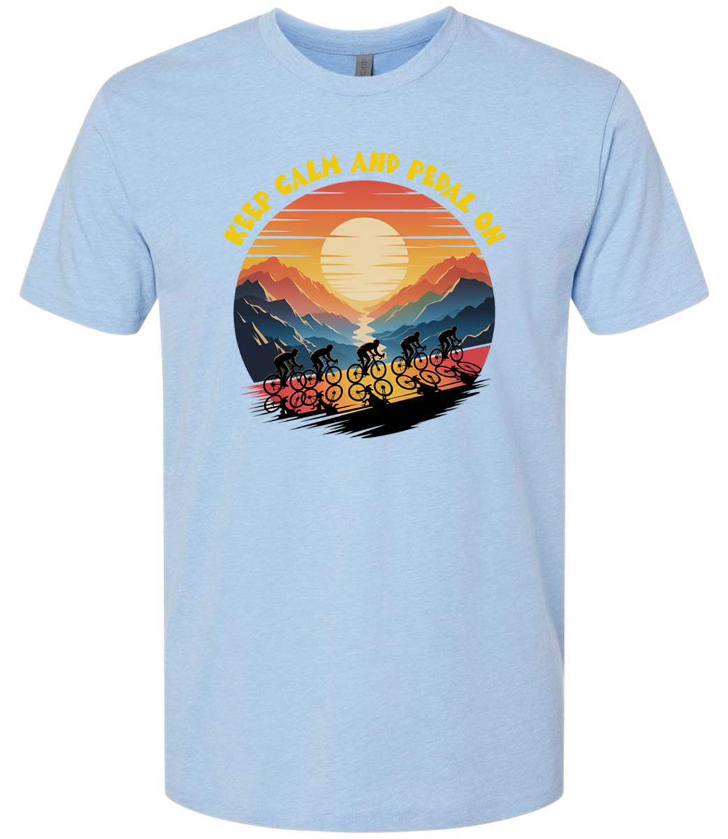 Retro sunset with a group of cyclists riding uphill, the words Keep Calm and pedal on on top of the design