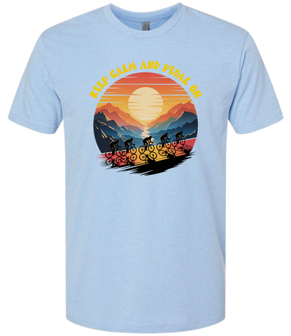 Retro sunset with a group of cyclists riding uphill, the words Keep Calm and pedal on on top of the design