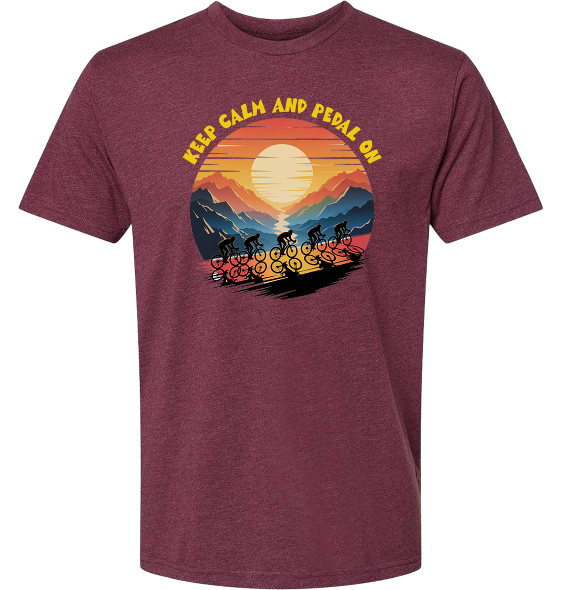 Retro sunset with a group of cyclists riding uphill, the words Keep Calm and pedal on on top of the design