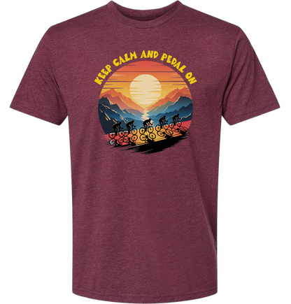 Retro sunset with a group of cyclists riding uphill, the words Keep Calm and pedal on on top of the design