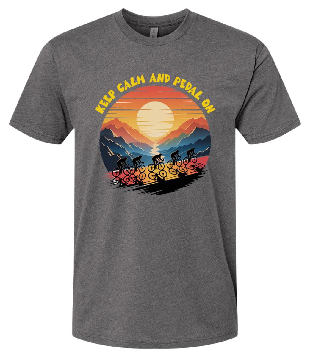 Retro sunset with a group of cyclists riding uphill, the words Keep Calm and pedal on on top of the design