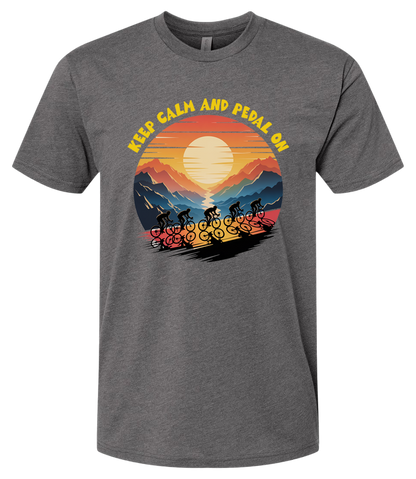Retro sunset with a group of cyclists riding uphill, the words Keep Calm and pedal on on top of the design