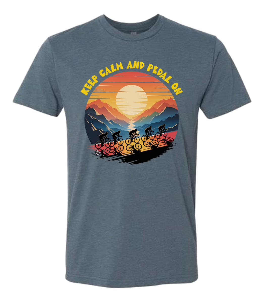 Retro sunset with a group of cyclists riding uphill, the words Keep Calm and pedal on on top of the design