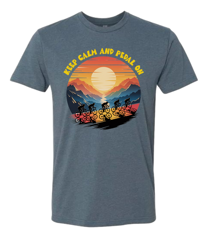 Retro sunset with a group of cyclists riding uphill, the words Keep Calm and pedal on on top of the design
