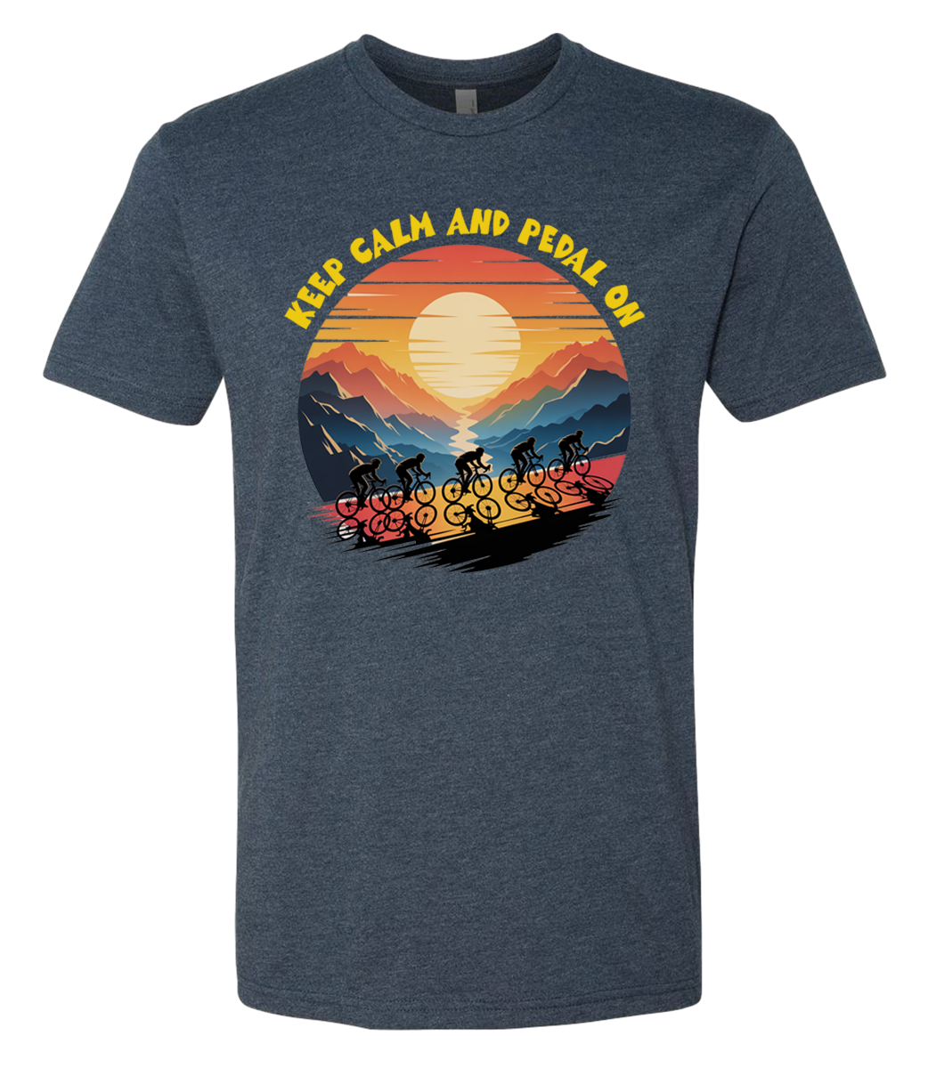 Retro sunset with a group of cyclists riding uphill, the words Keep Calm and pedal on on top of the design