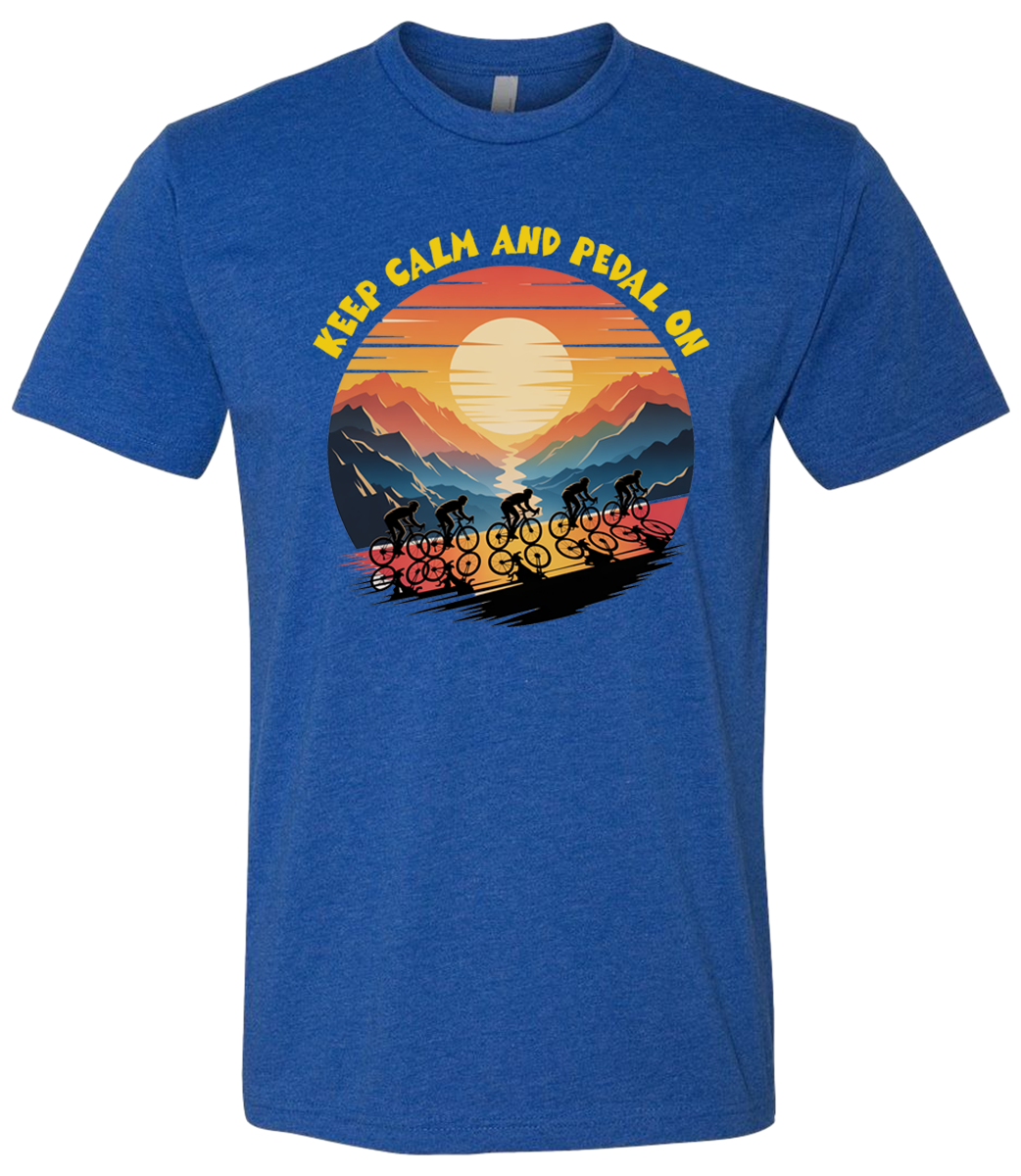 Retro sunset with a group of cyclists riding uphill, the words Keep Calm and pedal on on top of the design