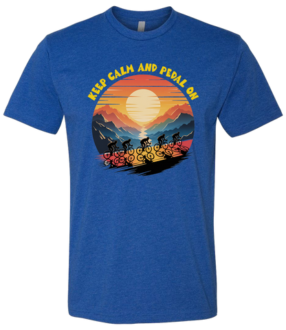 Retro sunset with a group of cyclists riding uphill, the words Keep Calm and pedal on on top of the design