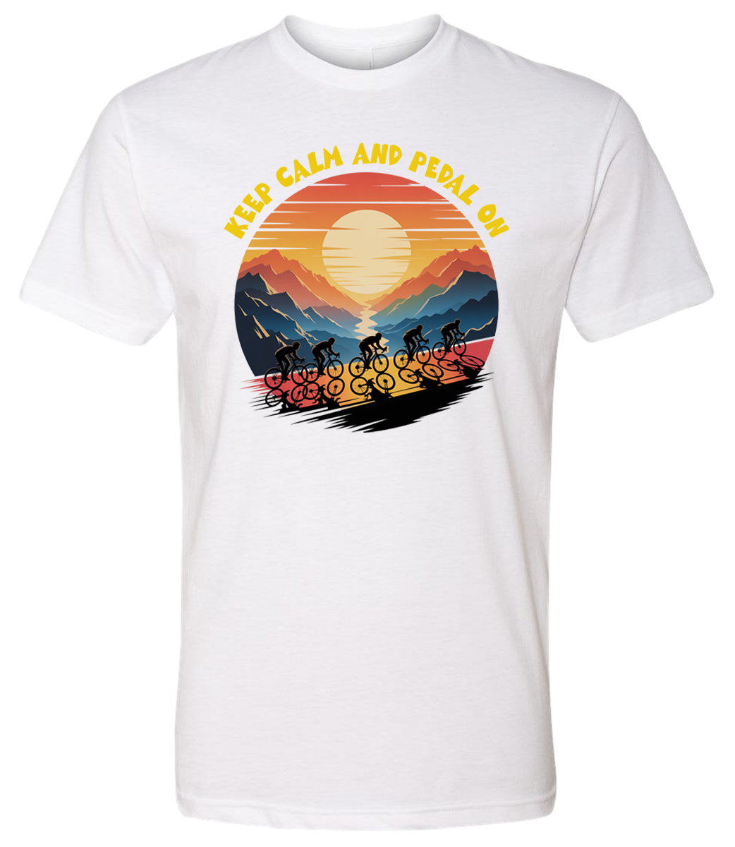 Retro sunset with a group of cyclists riding uphill, the words Keep Calm and pedal on on top of the design