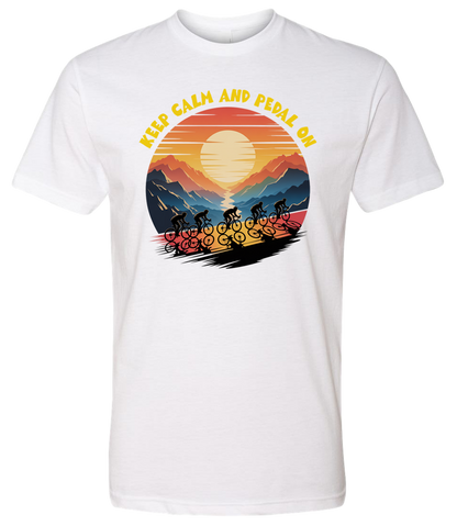 Retro sunset with a group of cyclists riding uphill, the words Keep Calm and pedal on on top of the design
