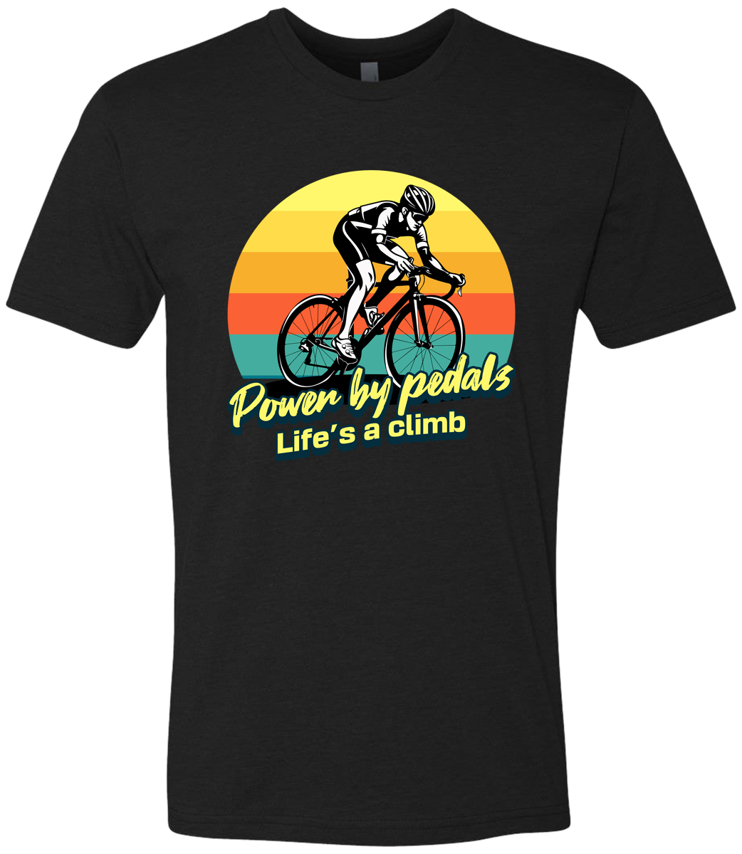 Man riding road bicycle with sunset behind and the words power by pedals, life's a climb front and center
