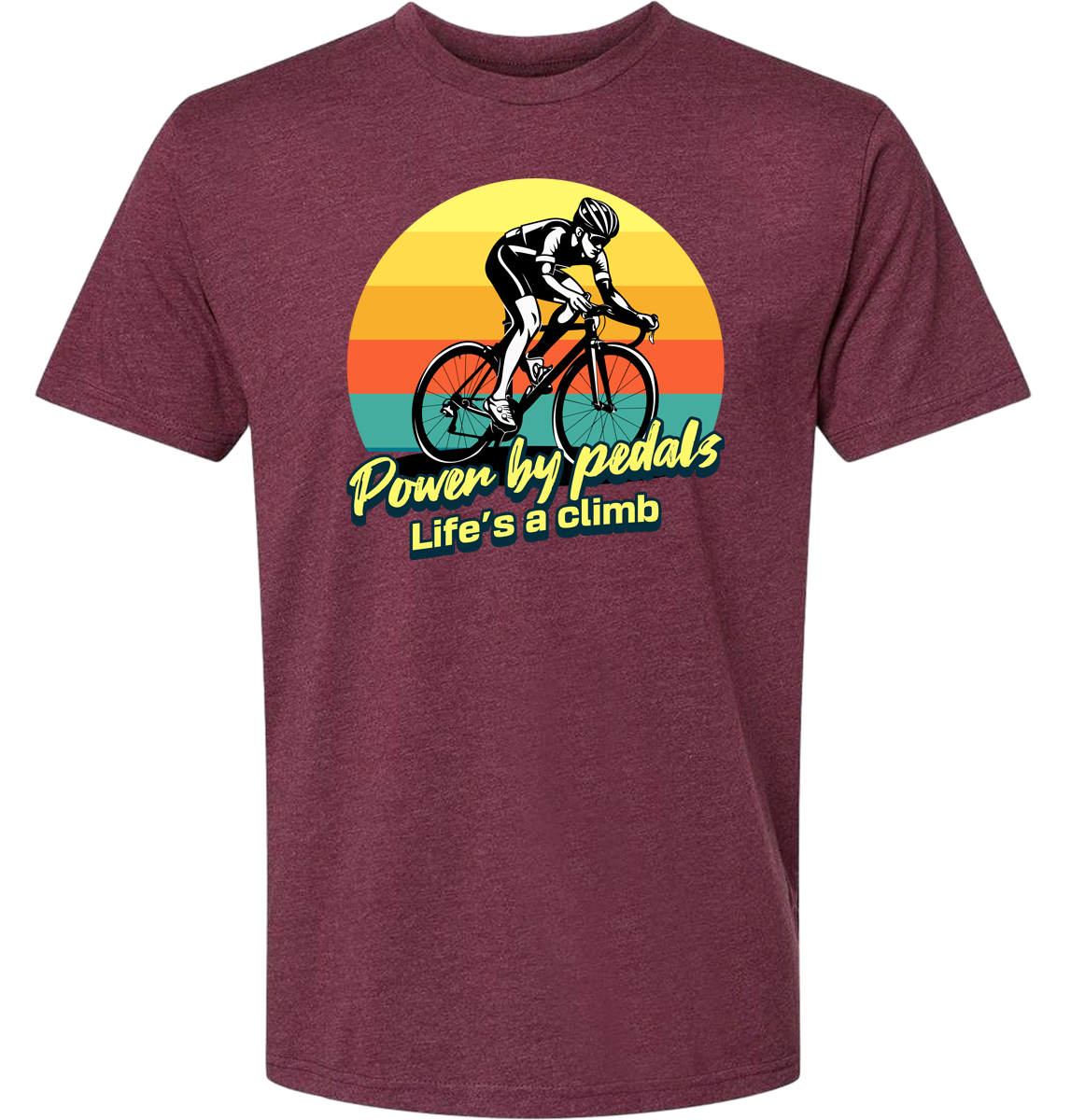 Man riding road bicycle with sunset behind and the words power by pedals, life's a climb front and center