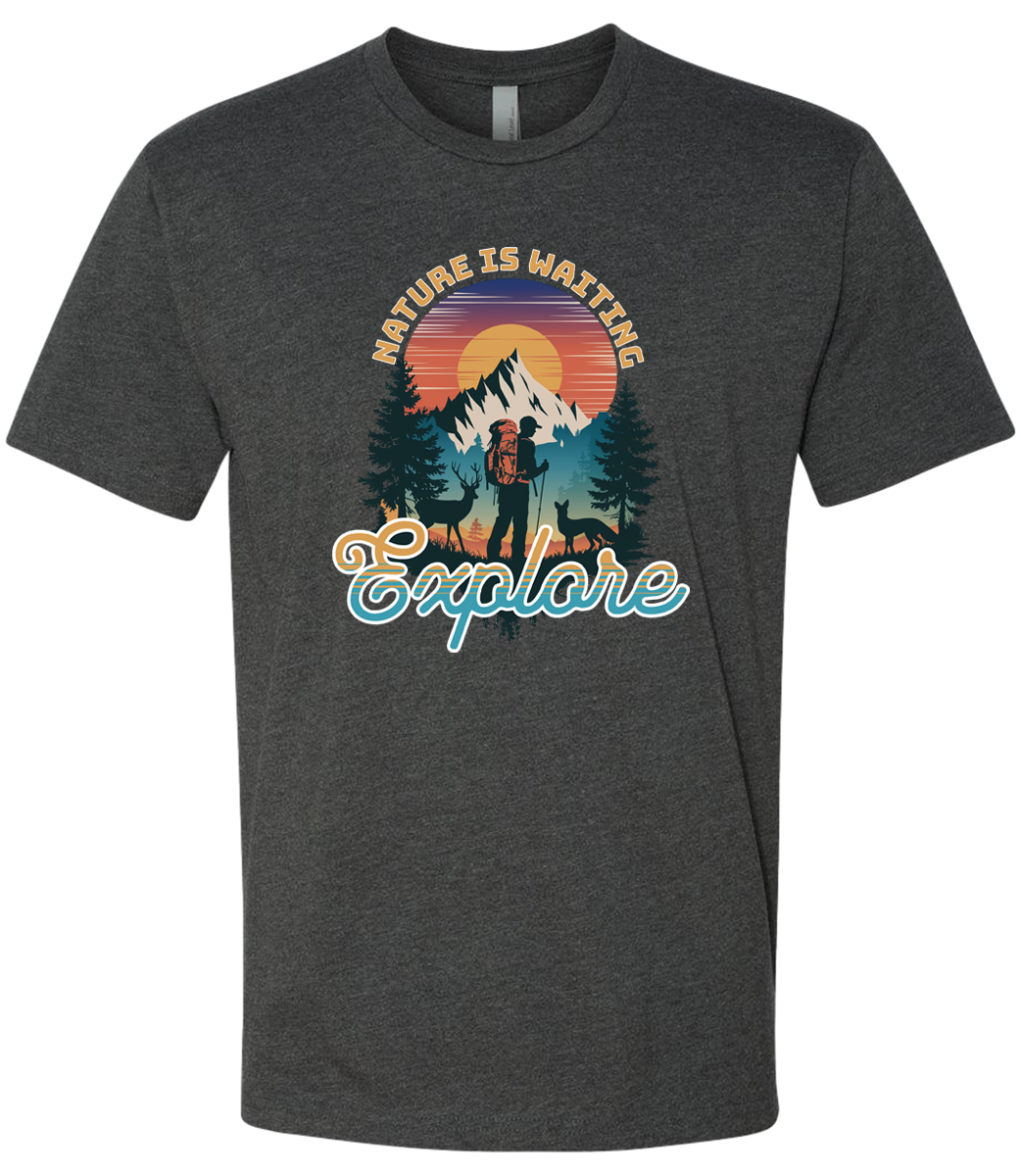 A Charcoal crewneck t-shirt with a graphic print of a mountain and the words 'Nature Is Waiting Explore' on it.