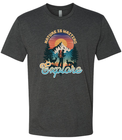 A Charcoal crewneck t-shirt with a graphic print of a mountain and the words 'Nature Is Waiting Explore' on it.