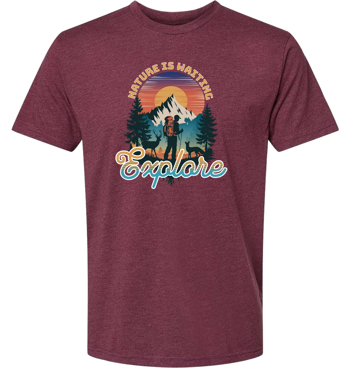 A Heathermaroon crewneck t-shirt with a graphic print of a mountain and the words 'Nature Is Waiting Explore' on it.