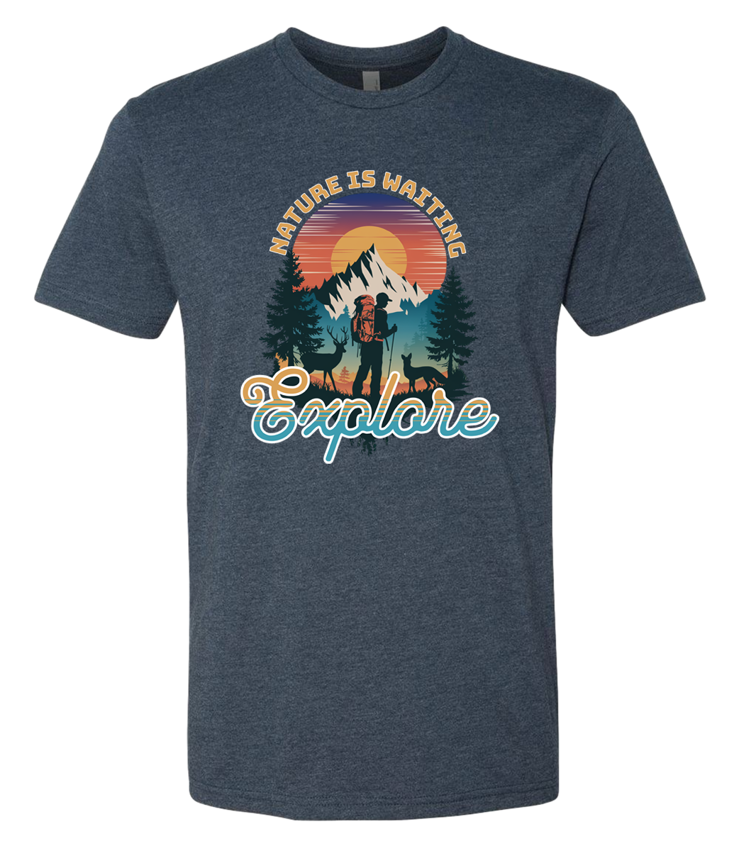 A MidnightNavy crewneck t-shirt with a graphic print of a mountain and the words 'Nature Is Waiting Explore' on it.