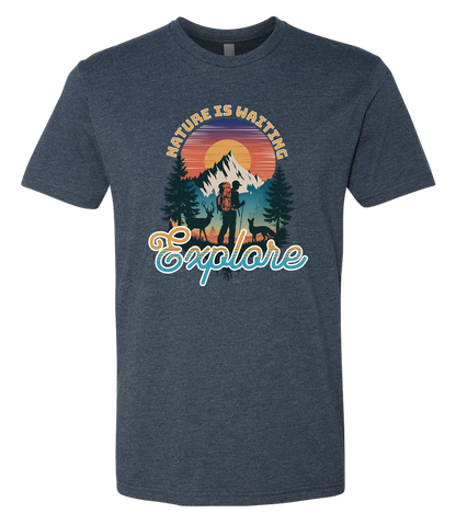 A MidnightNavy crewneck t-shirt with a graphic print of a mountain and the words 'Nature Is Waiting Explore' on it.