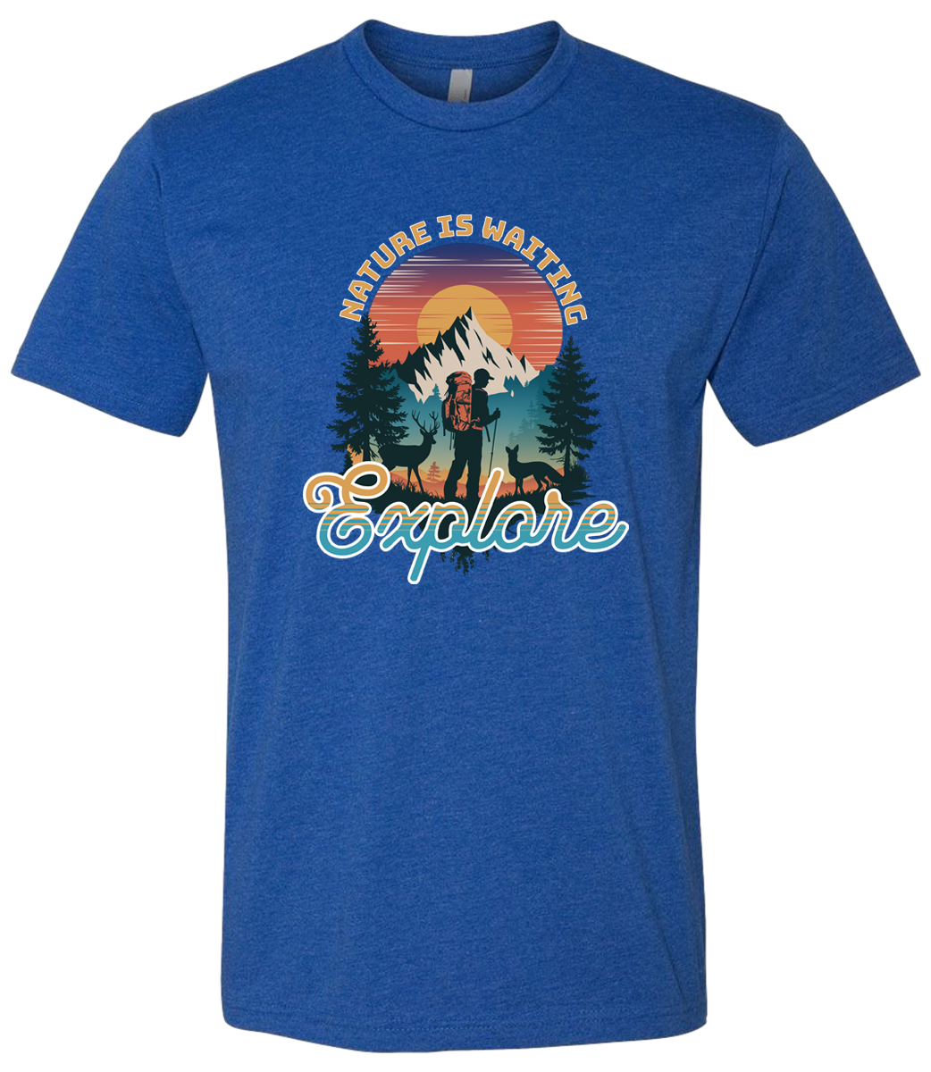 A Royal crewneck t-shirt with a graphic print of a mountain and the words 'Nature Is Waiting Explore' on it.