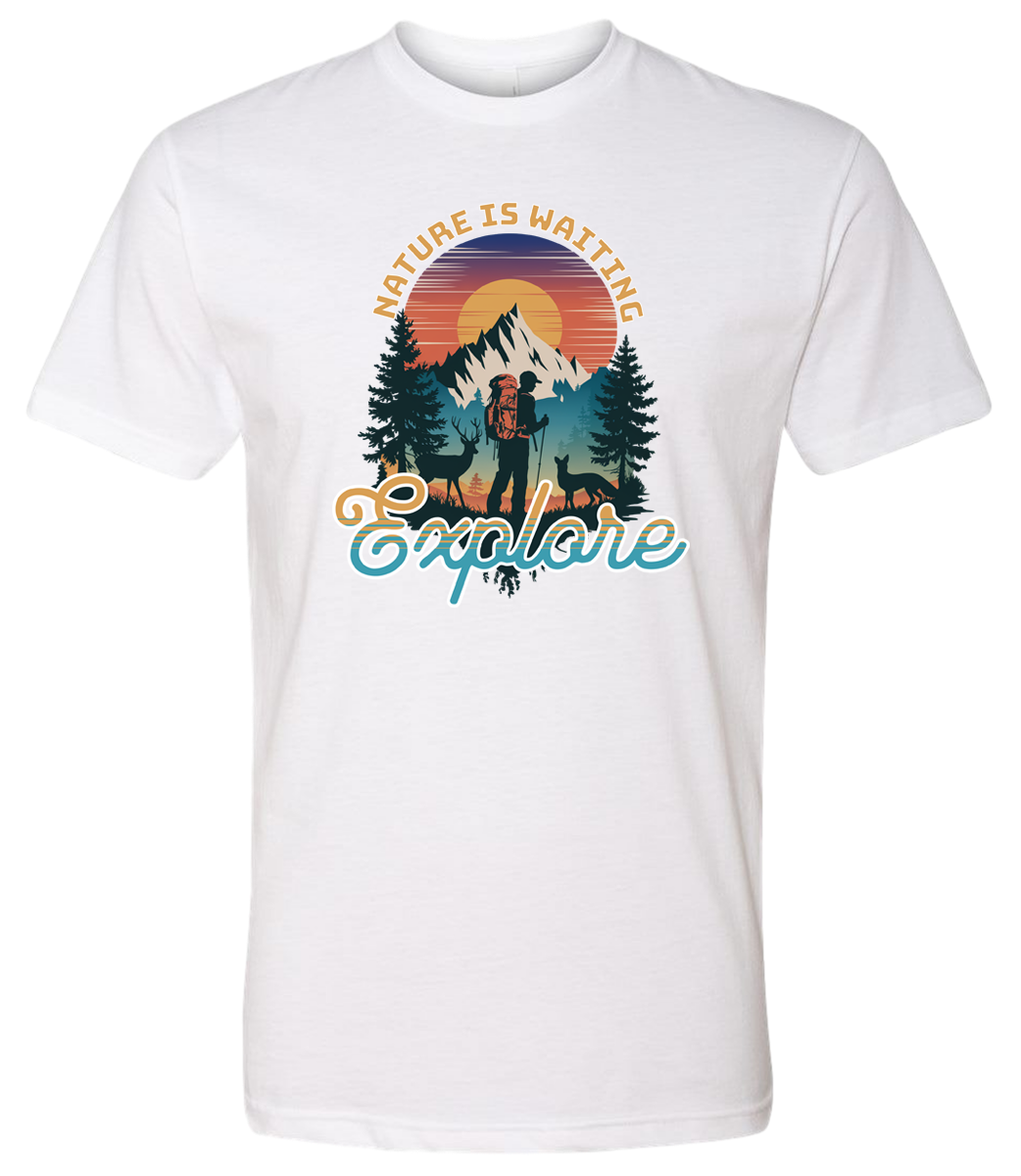 A white crewneck t-shirt with a graphic print of a mountain and the words 'Nature Is Waiting Explore' on it.