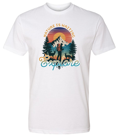 A white crewneck t-shirt with a graphic print of a mountain and the words 'Nature Is Waiting Explore' on it.