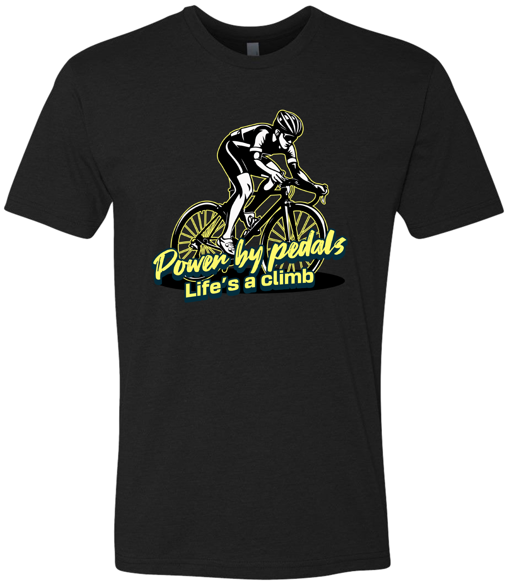 Man riding bicycle front & center with the words power by pedals