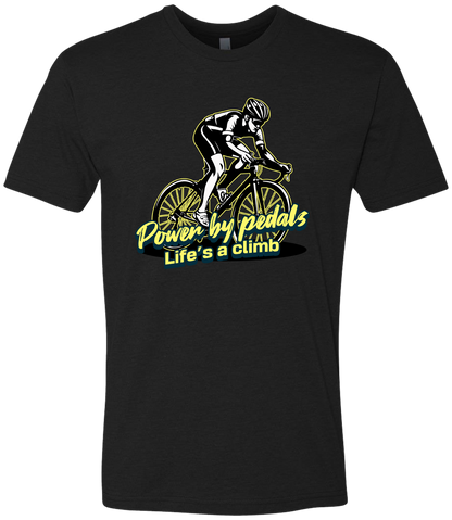 Man riding bicycle front & center with the words power by pedals