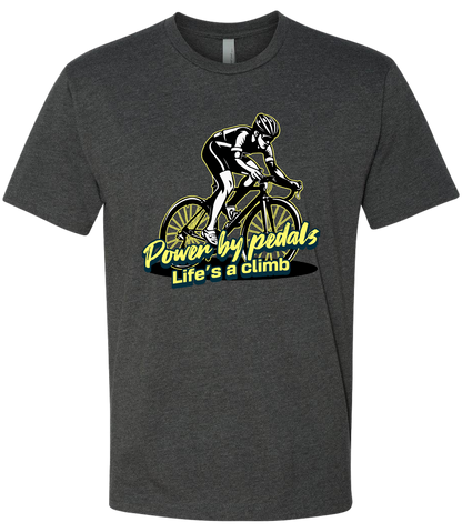 Dark gray t-shirt with a graphic of a cyclist and text 'Power by Pedals, Life's a Climb' on a white background.