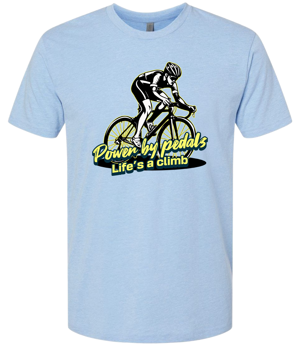 Man riding bicycle front & center with the words power by pedals