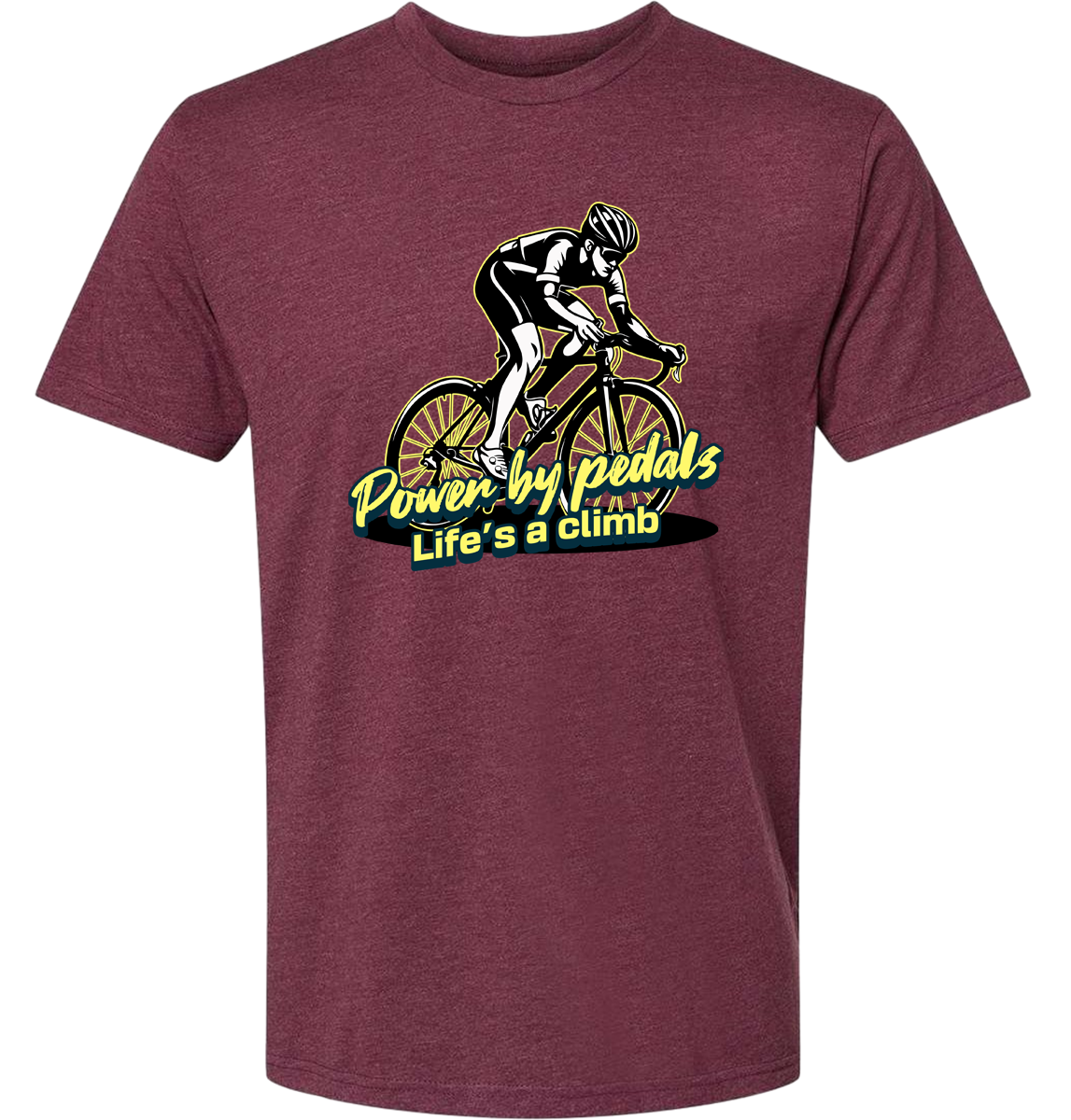 Man riding bicycle front & center with the words power by pedals