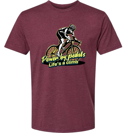 Man riding bicycle front & center with the words power by pedals